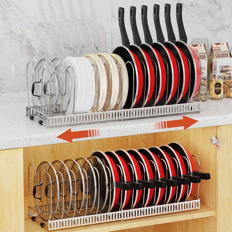 Housolution 2 Pack Pot and Pan Organizer Rack, 12"-23" Expandable Pot Lid Organizer with 14 Adjustable Dividers, Pan Holder Storage Rack for Kitchen Cabinet, Silver - Image 1